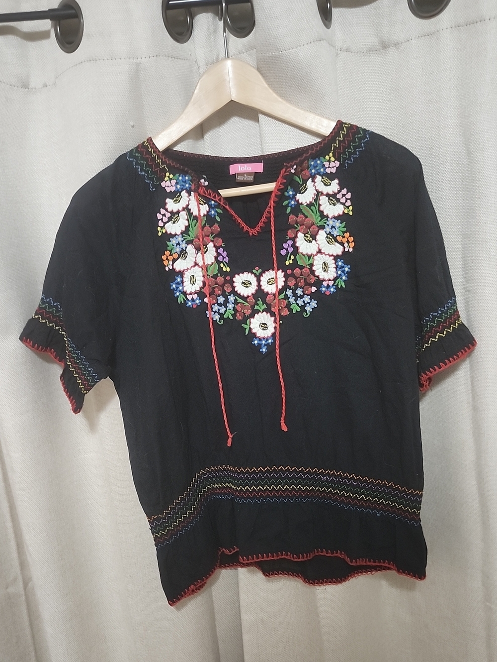 lola Black Floral Embroidered Peasant Blouse
